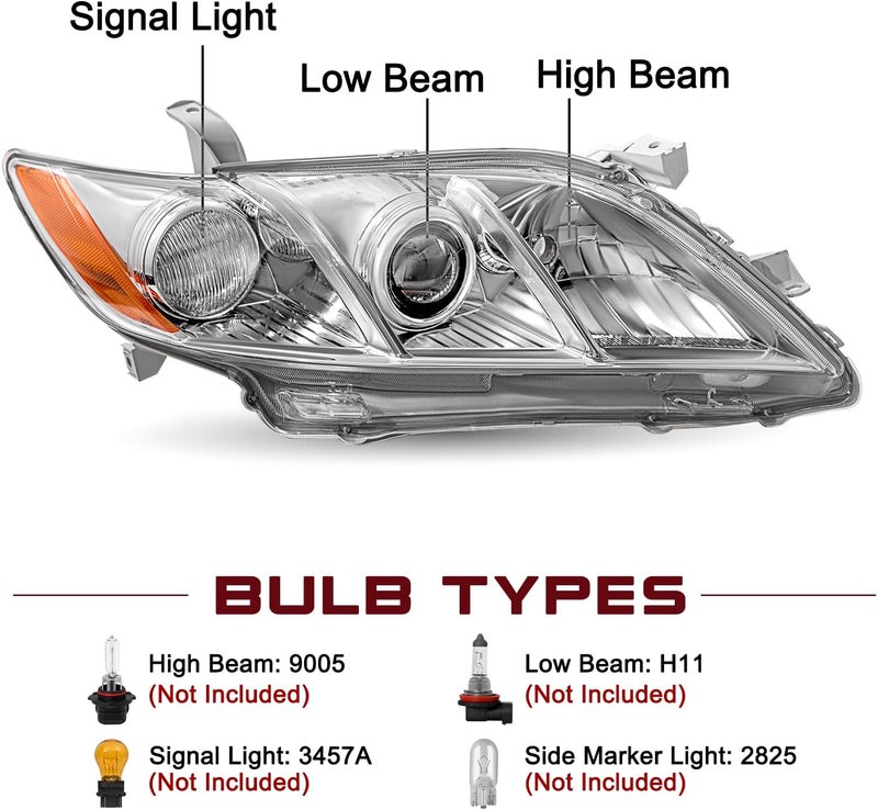 JSBOYAT Headlight Assembly Replacement for Toyota Camry 2007-2009 with Chrome Housing and Amber Reflector - Image 2