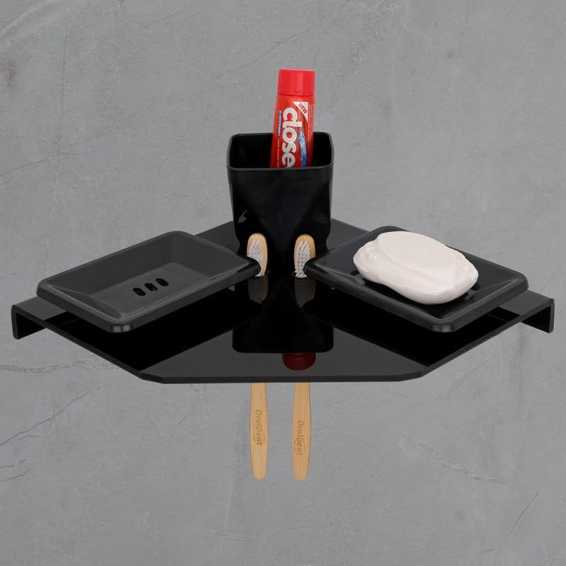 iSTAR Acrylic Wall Mounted 4-in-1 Multipurpose Bathroom Shelf - Tumbler, 2 Soap Holder and 2 Toothbrush Holder | Durable Bathroom Accessories - Toothpaste Holder for Kitchen Washbasin (Black) - Image 1