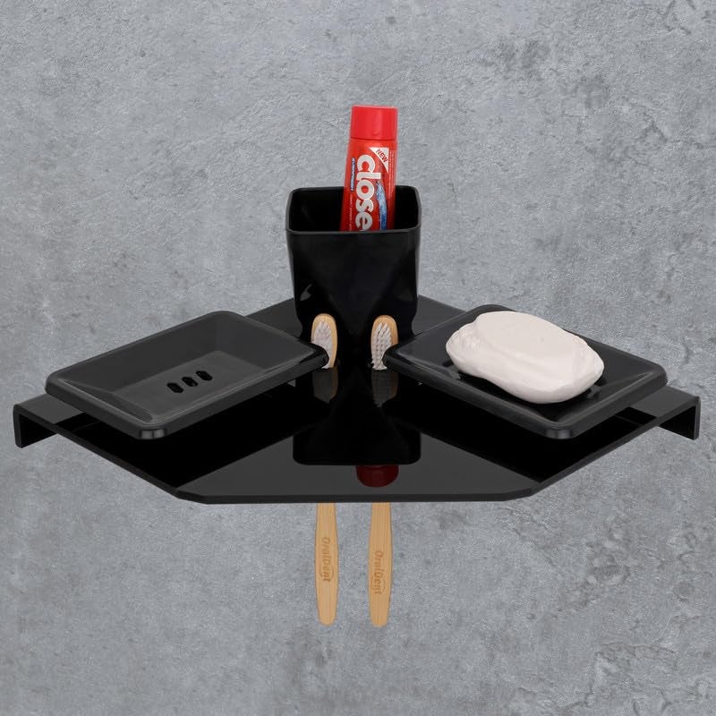 iSTAR Acrylic Wall Mounted 4-in-1 Multipurpose Bathroom Shelf - Tumbler, 2 Soap Holder and 2 Toothbrush Holder | Durable Bathroom Accessories - Toothpaste Holder for Kitchen Washbasin (Black) - Image 3