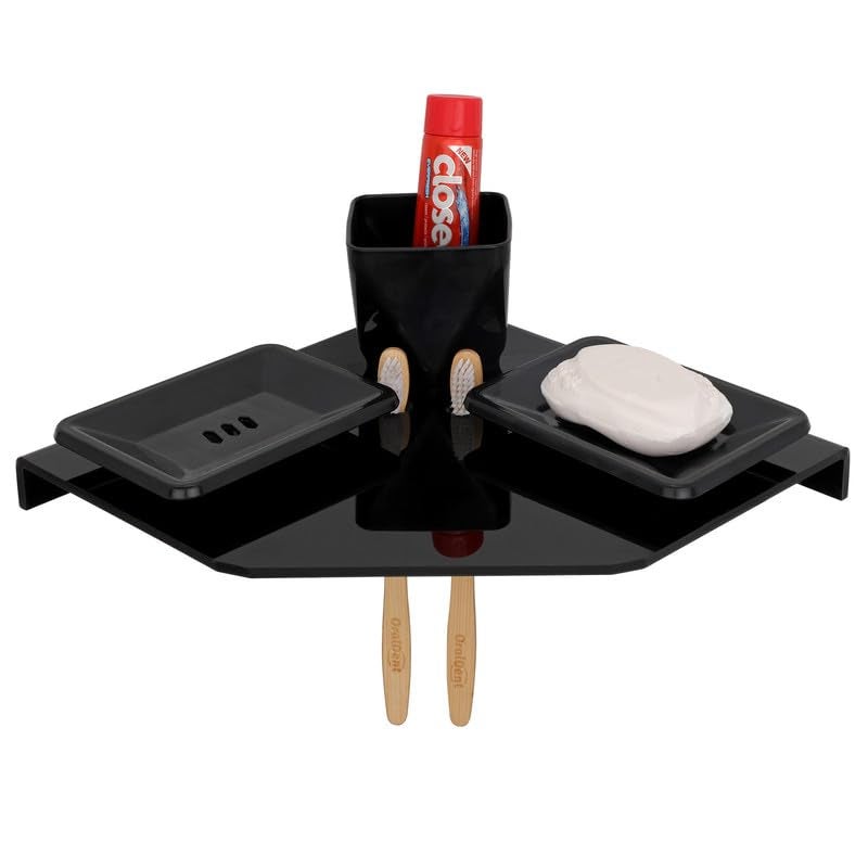 iSTAR Acrylic Wall Mounted 4-in-1 Multipurpose Bathroom Shelf - Tumbler, 2 Soap Holder and 2 Toothbrush Holder | Durable Bathroom Accessories - Toothpaste Holder for Kitchen Washbasin (Black) - Image 2