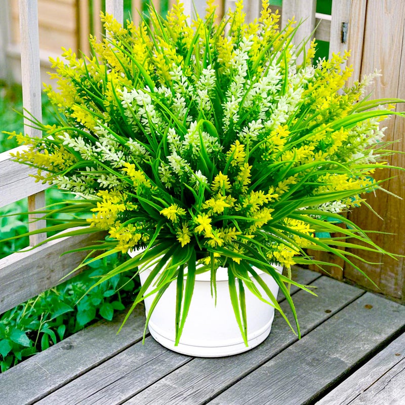 TSTWETO Artificial Plants Outdoor, 20 Pcs Fake Flowers UV Resistant Outdoor Fake Plants, Lavender Artificial Flowers Plastic Fake Faux Flowers Shrubs for Home Porch Garden Yard Window Box (Yellow White) - Image 1