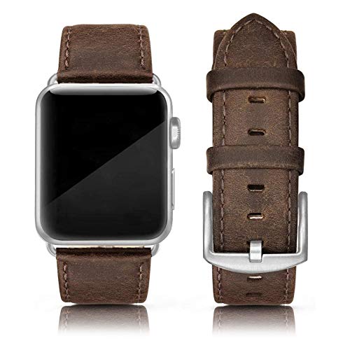 EDIMENS Leather Bands Compatible with Apple Watch 42mm 44mm, Genuine Leather Vintage Strap Classic Buckle Compatible with Apple iWatch Series 5/4/3/2/1, Sports&Edition Men & women,Retro Brown Silver - Image 1