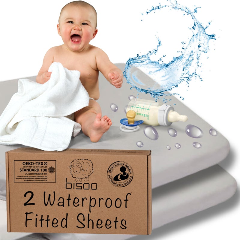 Bisoo Waterproof Cot Bed Sheets 120x60 Fitted / 24x48 in - Set of 2 Gray Fitted Sheet Mattress Protector Made of 100% Jersey Oeko-Tex + PU - Baby Cots Beds & Cribs - Soft & Silent - Image 1