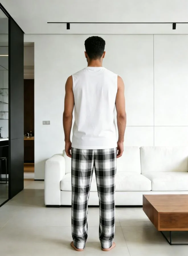 Take Two White Men Solid Round Neck Tank and Checked Pants Set for Men | Best Price UAE
