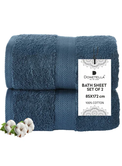Donetella Premium 100 % Combed Cotton 2-Pcs Bath Sheet Set (85 X 172 CM) 600 GSM Large Towel, Highly Absorbent, Quick Dry,Best Towel for Bathroom, Spa And Hotel,Dark Blue