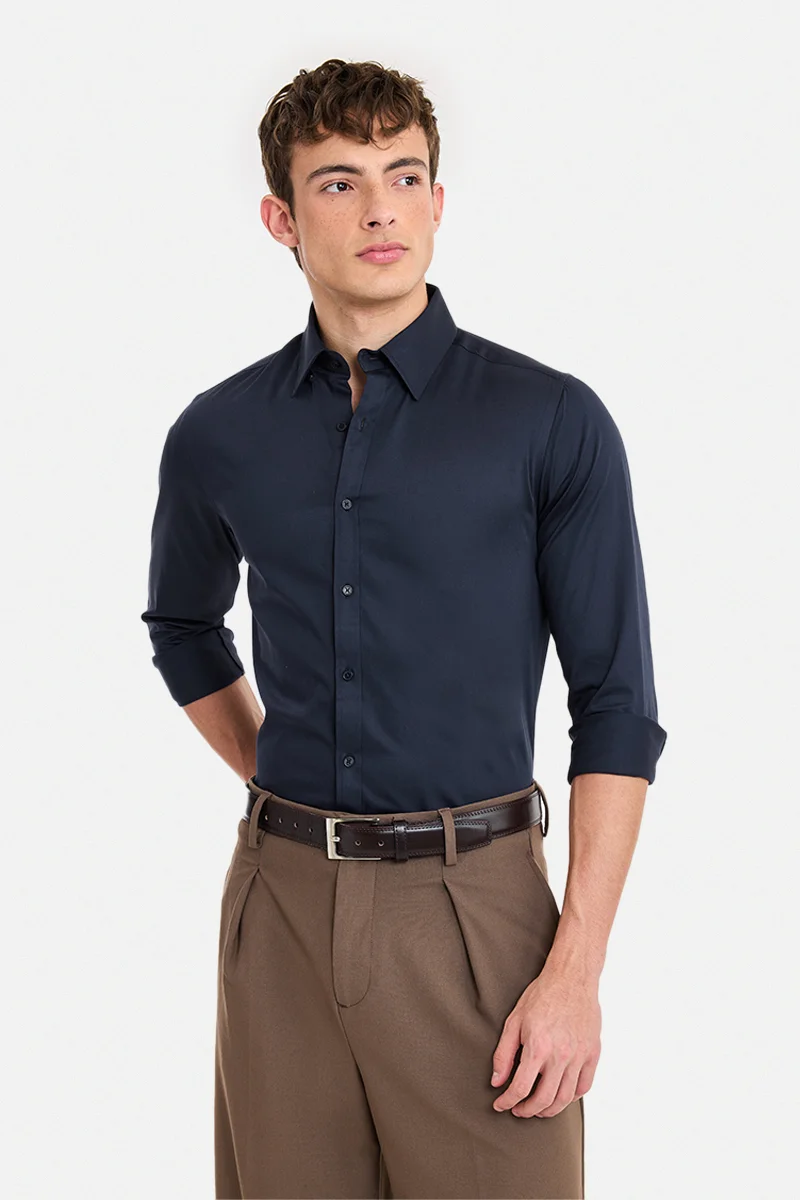 سنيتش Navy Blue Solid Long Sleeve Slim Fit Formal Shirt