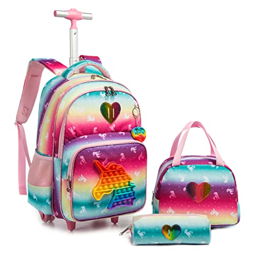 Meetbelify Unicorn Rolling Backpack for Girls Wheels Backpacks for Elementary Student Wheeled Trolley Trip Kids Luggage for Teen Girls with Lunch Box Pencil Case - Image 1