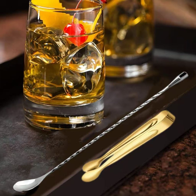 Stainless Steel Ice Tongs And Cocktail Spoon Set 2 Pieces Elongated Handle For Mixing - Image 1