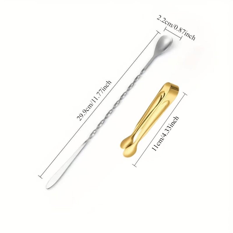 Stainless Steel Ice Tongs And Cocktail Spoon Set 2 Pieces Elongated Handle For Mixing - Image 4