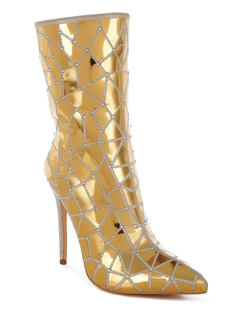 London Rag Rhinestones Embellished Metallic Boots in Gold