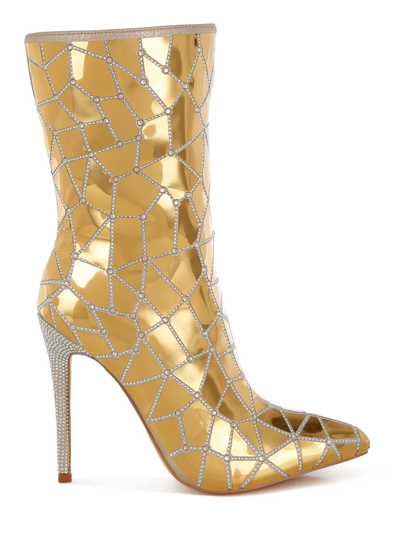 London Rag Rhinestones Embellished Metallic Boots in Gold