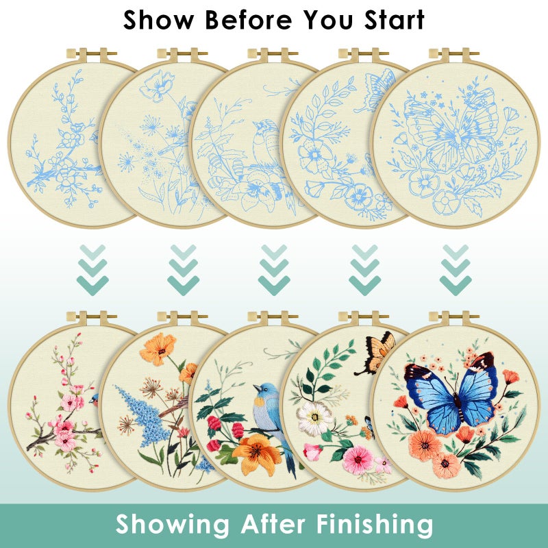 ERKOON 5 Sets Embroidery Kit for Beginners, Hummingbird Cross Stitch Set for Include Embroidery Cloth Hoops Threads for Craft Lover Hand Stitch (Hummingbird and Butterfly) - Image 4