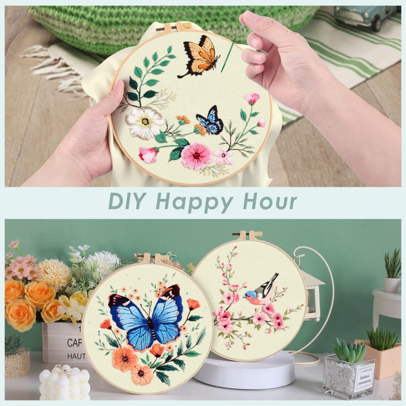 ERKOON 5 Sets Embroidery Kit for Beginners, Hummingbird Cross Stitch Set for Include Embroidery Cloth Hoops Threads for Craft Lover Hand Stitch (Hummingbird and Butterfly) - Image 3