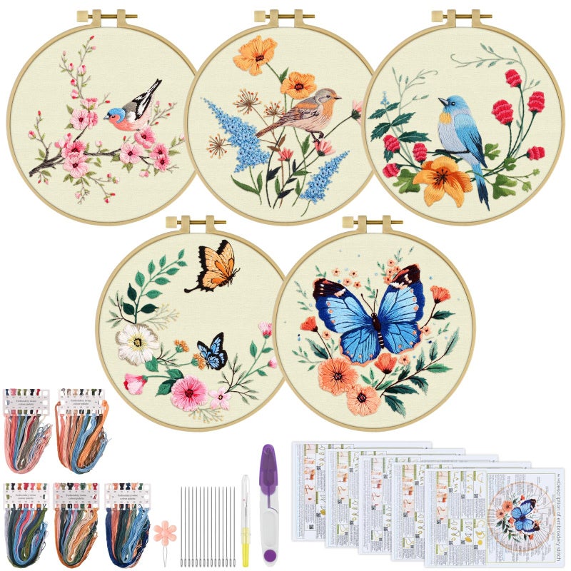 ERKOON 5 Sets Embroidery Kit for Beginners, Hummingbird Cross Stitch Set for Include Embroidery Cloth Hoops Threads for Craft Lover Hand Stitch (Hummingbird and Butterfly) - Image 1