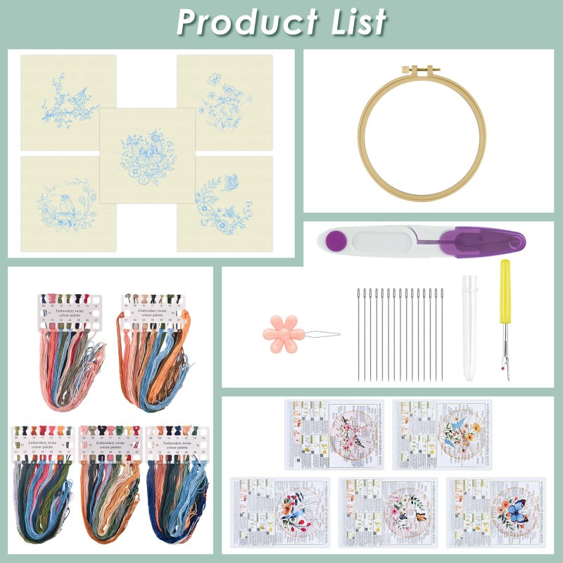 ERKOON 5 Sets Embroidery Kit for Beginners, Hummingbird Cross Stitch Set for Include Embroidery Cloth Hoops Threads for Craft Lover Hand Stitch (Hummingbird and Butterfly) - Image 2