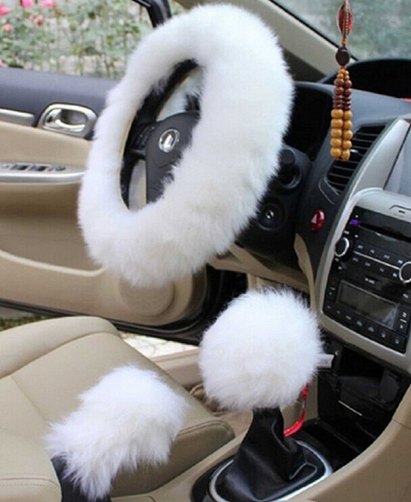 Yontree Fashion Fluffy Steering Wheel Covers for Women/Girls/Ladies Australia Pure Wool 15 Inch 1 Set 3 Pcs (White)