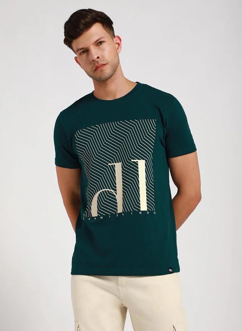 Teal Slim Fit Henley Neck Printed T-shirt for Men - 100% Cotton, Half Sleeves, Casual
