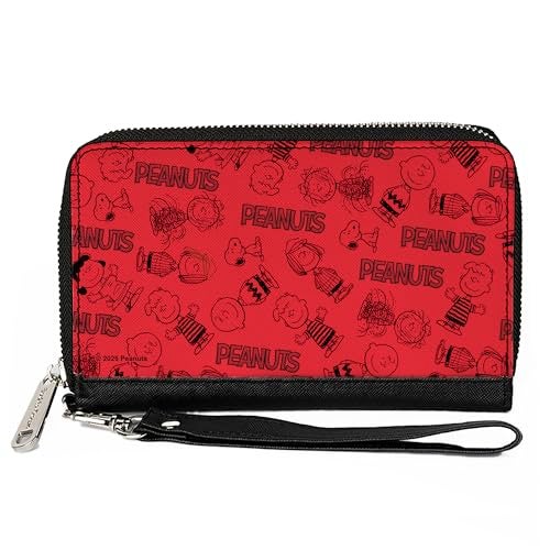 Buckle Down Peanuts Wallet Zip Around Peanuts Gang Six Character and Title Logo Collage Red Black Vegan Leather - Image 1