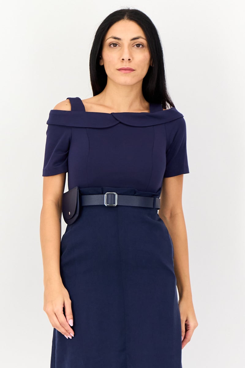 SELECTED Women Belted Solid Midi Dress, Navy Blue - Image 4
