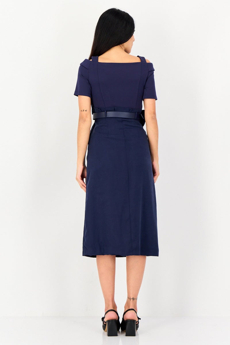 SELECTED Women Belted Solid Midi Dress, Navy Blue - Image 3
