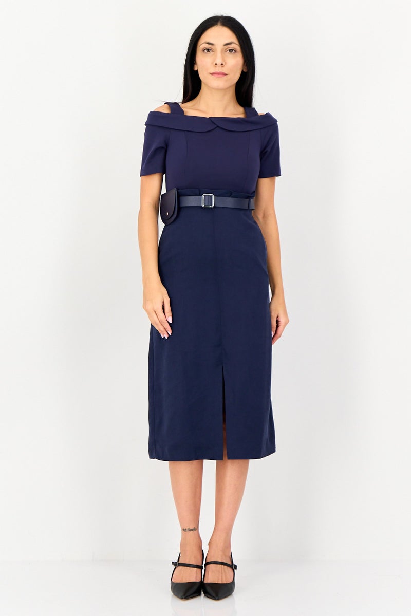 SELECTED Women Belted Solid Midi Dress, Navy Blue - Image 1