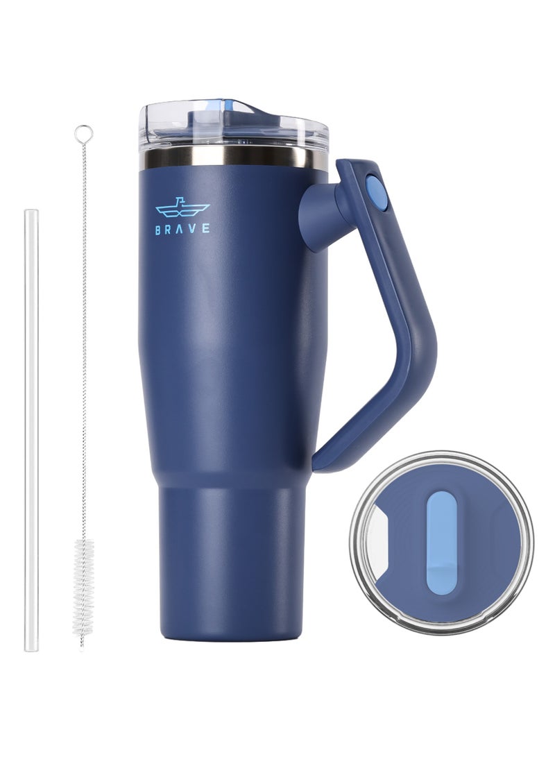Brave Temp Guard Tumbler 1200ml - 18/8 Stainless Steel Travel Mug, Thermal Coffee Cup, 2-in-1 Leakproof Lid with Straw & Rotating Handle, Insulated Hot & Cold Beverage Mug, Car Cup Holder Compatible, Durable & Reusable Coffee Travel Mug (Deep Ocean Blue) - Image 1