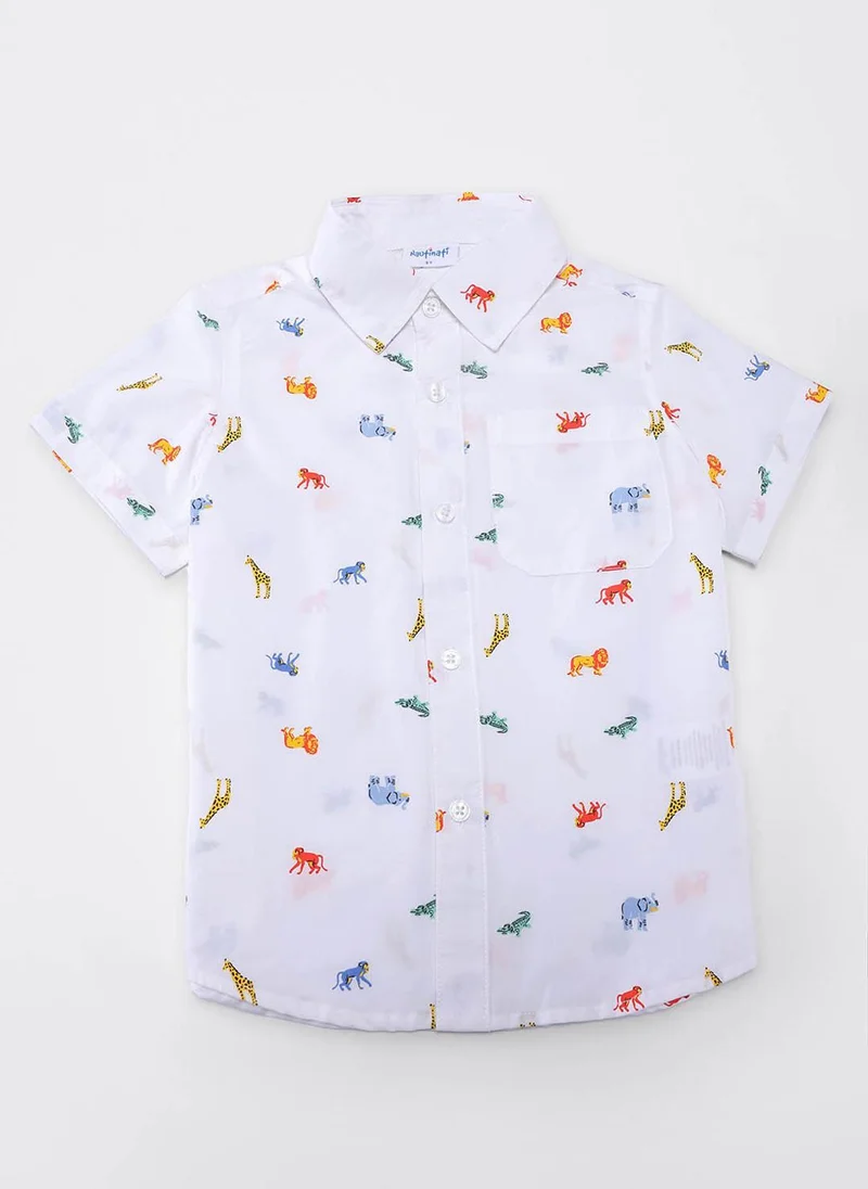 نوتيناتي Nautinati Boys White Animal Print Cotton Half Sleeve Shirt with Blue Chambray Shorts