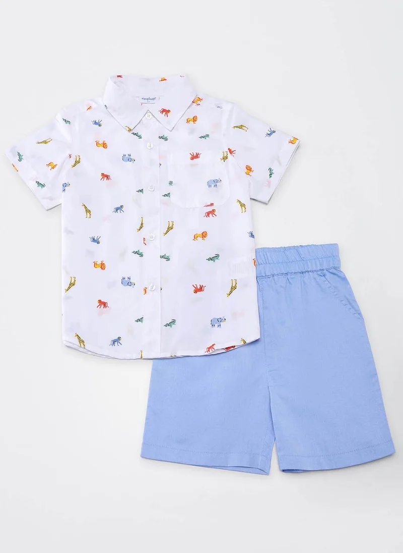 نوتيناتي Nautinati Boys White Animal Print Cotton Half Sleeve Shirt with Blue Chambray Shorts