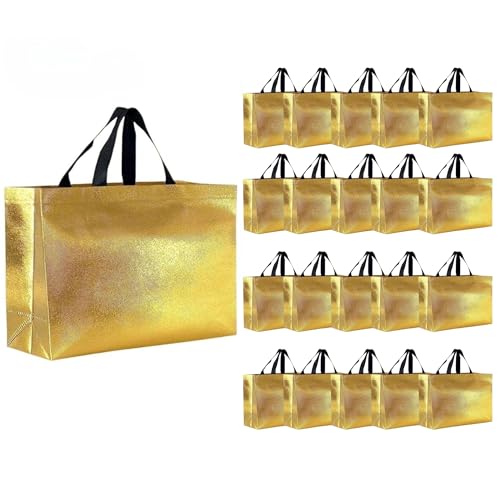 Evafly Gift Bag Medium Size Pack of 20 : L17 x W5 x H12 inch|Resuable Non-Woven Shiny Metallic Laminated|Haldi Return Gifts, Jute Bags for Return Gift,Return Gift For Birthday - Large Golden - Image 1
