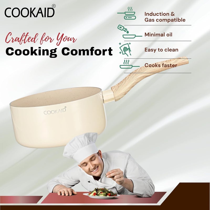 COOKAID Neo Glide Series Non Stick PTFE Sauepan 14 cm| Aluminium Body| Non Stick PTFE| Gas & Induction Compatible| ISI Certified | 1.05 LTR - Cream - Image 4