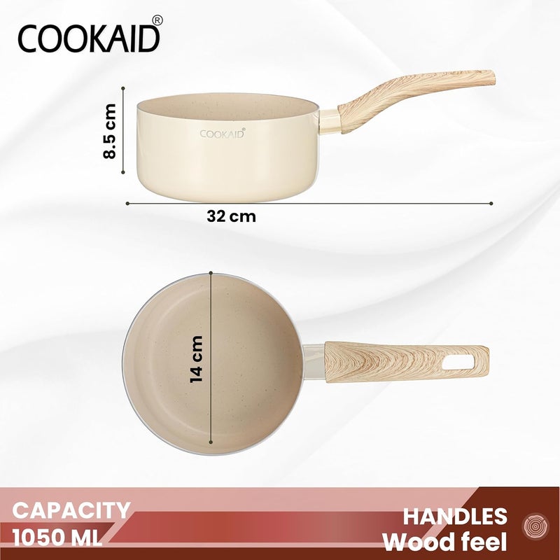 COOKAID Neo Glide Series Non Stick PTFE Sauepan 14 cm| Aluminium Body| Non Stick PTFE| Gas & Induction Compatible| ISI Certified | 1.05 LTR - Cream - Image 2