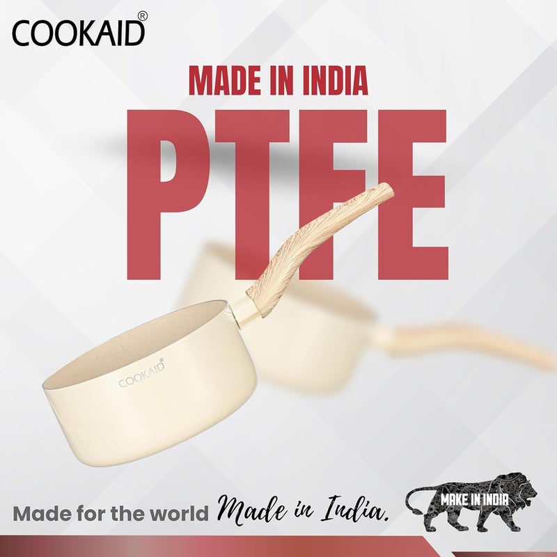 COOKAID Neo Glide Series Non Stick PTFE Sauepan 14 cm| Aluminium Body| Non Stick PTFE| Gas & Induction Compatible| ISI Certified | 1.05 LTR - Cream - Image 5
