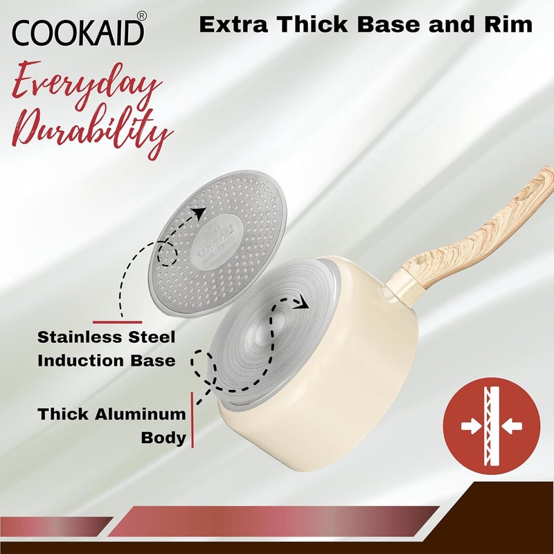 COOKAID Neo Glide Series Non Stick PTFE Sauepan 14 cm| Aluminium Body| Non Stick PTFE| Gas & Induction Compatible| ISI Certified | 1.05 LTR - Cream - Image 3