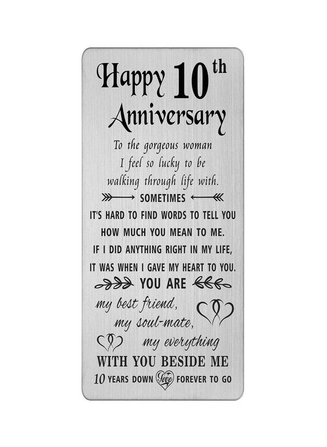 TANWIH 10th Anniversary Card Gifts for Her, 10 Year Anniversary Tin Gifts for Wife, Engraved Metal Wallet Insert - Image 1