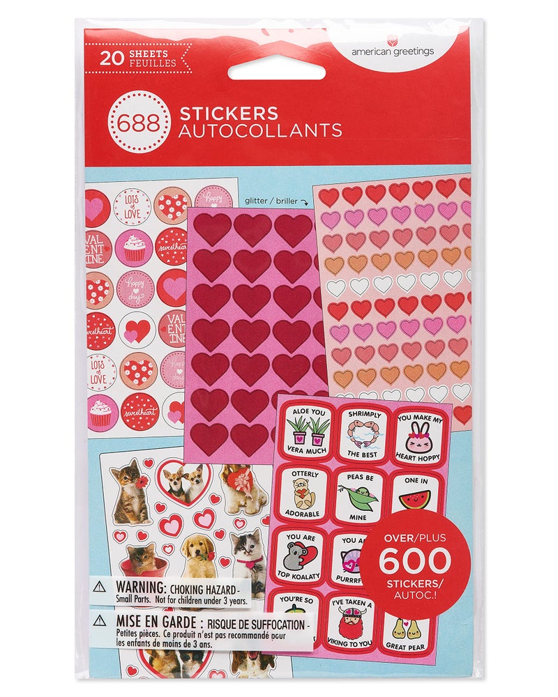 American Greetings Bulk Valentines Stickers for Kids, Hearts and Animals (688-Count) - Image 3