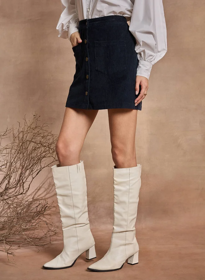 SASSAFRAS Corduroy Button Front A-Line Mini Skirt