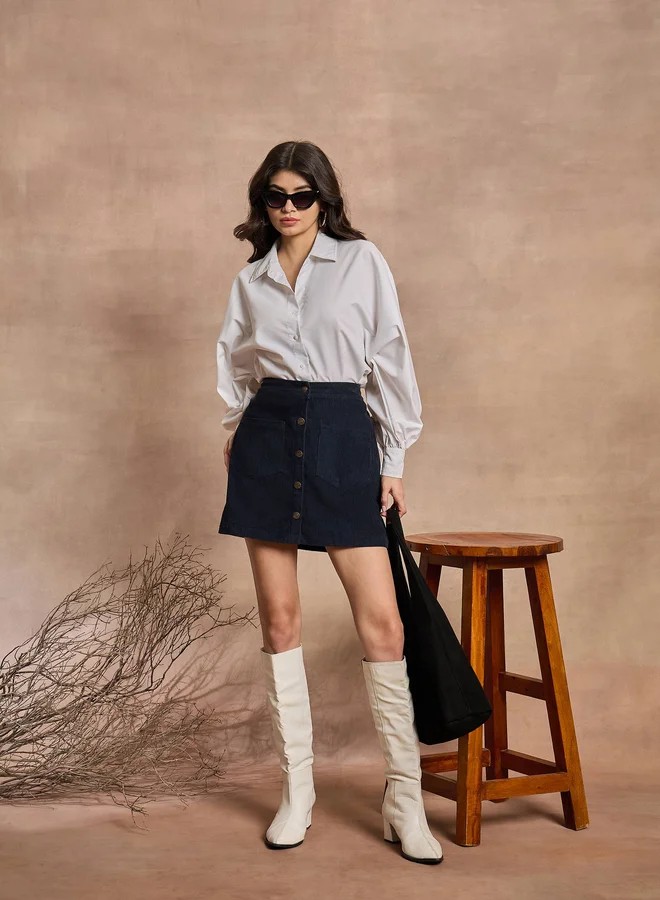 SASSAFRAS Corduroy Button Front A-Line Mini Skirt