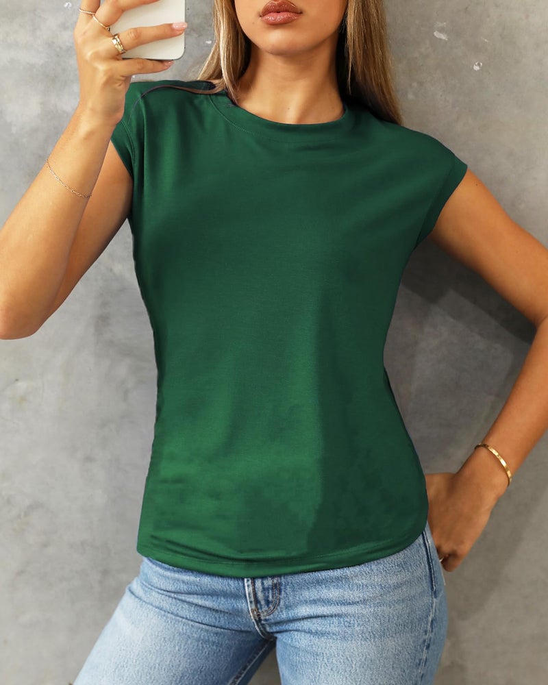 Abardsion Trendy Cap Sleeve Tops for Women 2025 Summer Outfits Clothes Loose Fit Casual Dressy T Shirts Tunic (Dark Green, S) - Image 2