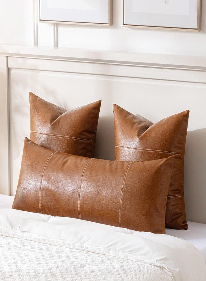 Fancy Homi Brown Boho Long Lumbar Faux Leather Body Decorative Throw Pillow Cover 14x36 Inch for Bedroom Couch Bed Sofa Bench, Hand Stitched Stylish Pillowcase, Rustic Modern Farmhouse Room Decor - Image 2