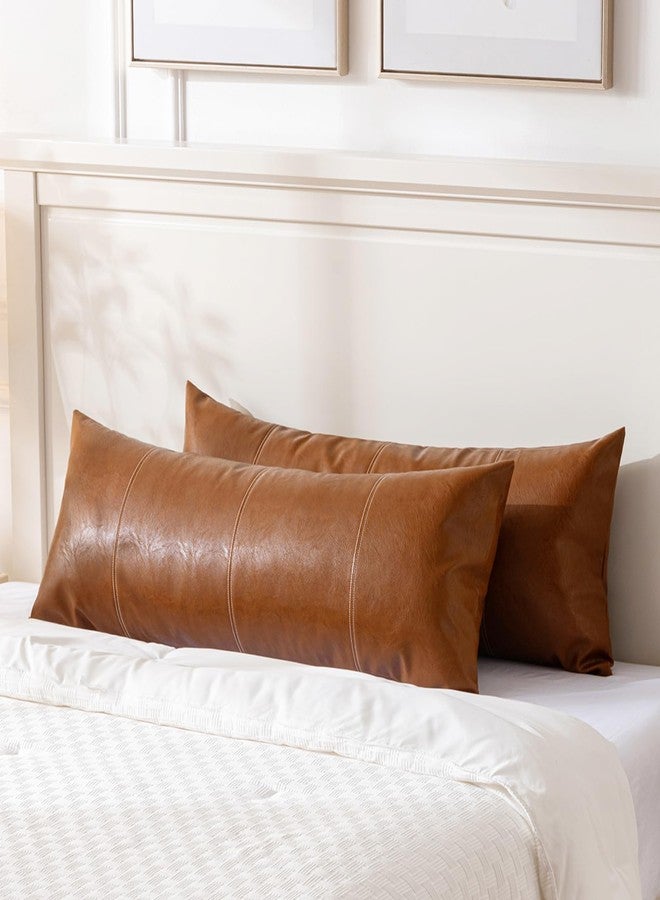 Fancy Homi Brown Boho Long Lumbar Faux Leather Body Decorative Throw Pillow Cover 14x36 Inch for Bedroom Couch Bed Sofa Bench, Hand Stitched Stylish Pillowcase, Rustic Modern Farmhouse Room Decor - Image 5