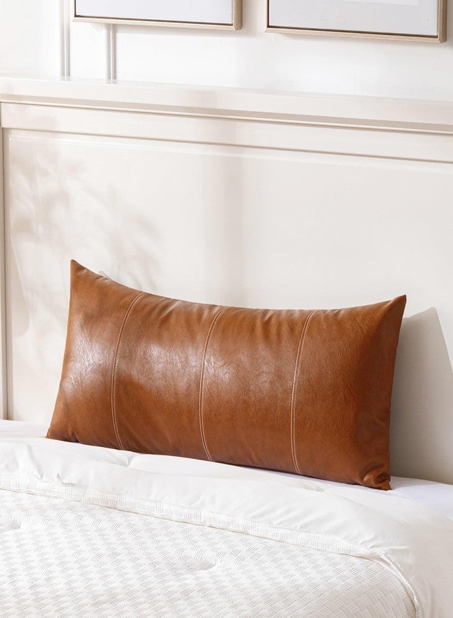 Fancy Homi Brown Boho Long Lumbar Faux Leather Body Decorative Throw Pillow Cover 14x36 Inch for Bedroom Couch Bed Sofa Bench, Hand Stitched Stylish Pillowcase, Rustic Modern Farmhouse Room Decor - Image 1
