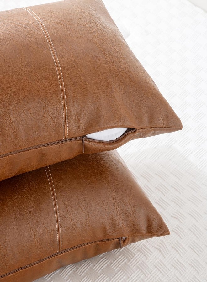Fancy Homi Brown Boho Long Lumbar Faux Leather Body Decorative Throw Pillow Cover 14x36 Inch for Bedroom Couch Bed Sofa Bench, Hand Stitched Stylish Pillowcase, Rustic Modern Farmhouse Room Decor - Image 3