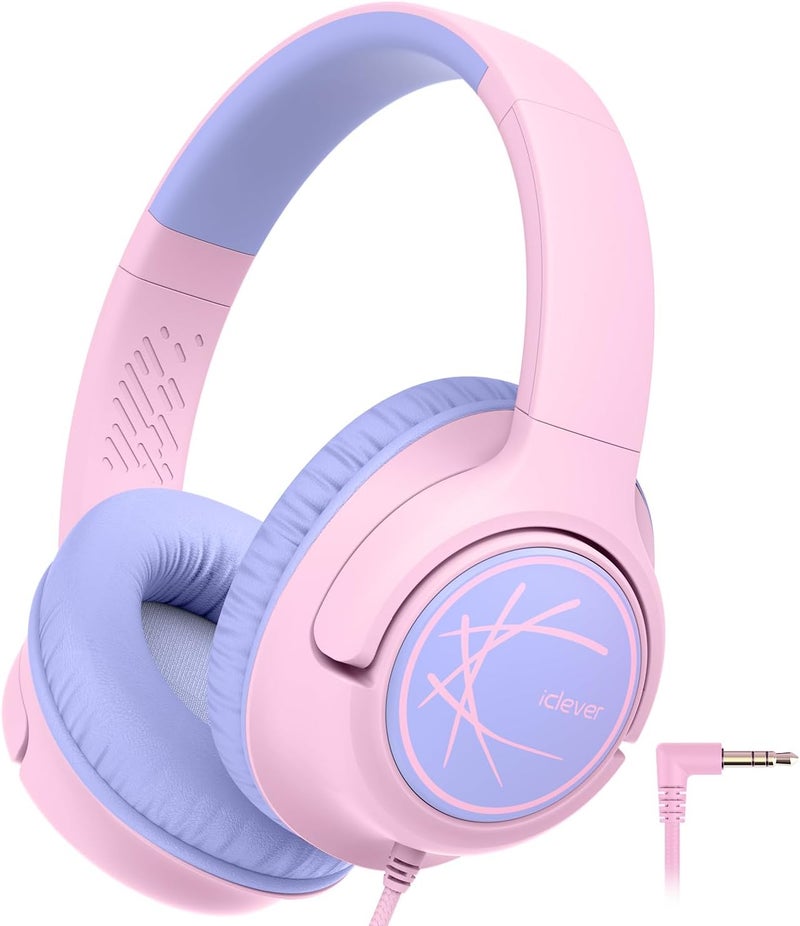 iClever HS26 Kids Headphones, Wired, Stereo Sound, Foldable, 3.5mm Jack, Pink, Over Ear, Safe Volume Limit for Kids - Image 1
