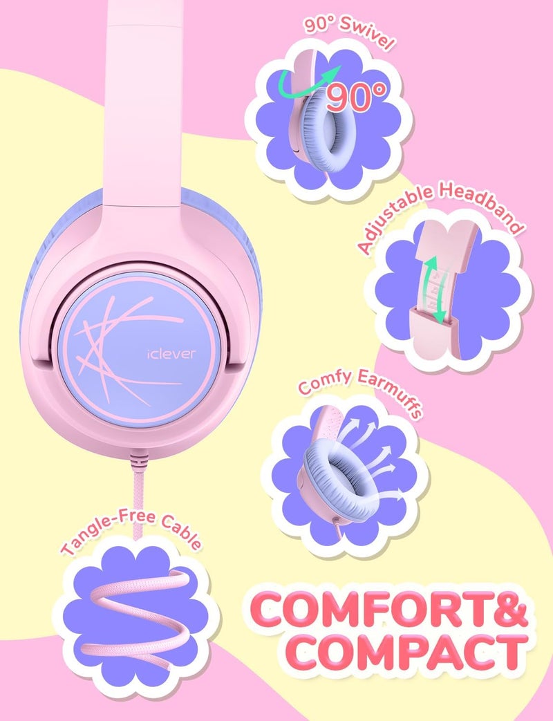 iClever HS26 Kids Headphones, Wired, Stereo Sound, Foldable, 3.5mm Jack, Pink, Over Ear, Safe Volume Limit for Kids - Image 5