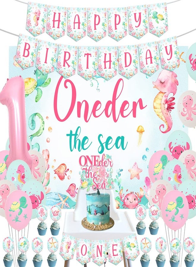 Funmemoir زينة عيد ميلاد الفتاة الأولى من Oneder the Sea، لافتة خلفية لعيد ميلاد سعيد على شكل حيوان المحيط تحت البحر، لافتة كرسي مرتفع، غطاء كعكة كب كيك، بالونات مطبوعة لحفلة فتاة تبلغ من العمر عامًا واحدًا - Image 1
