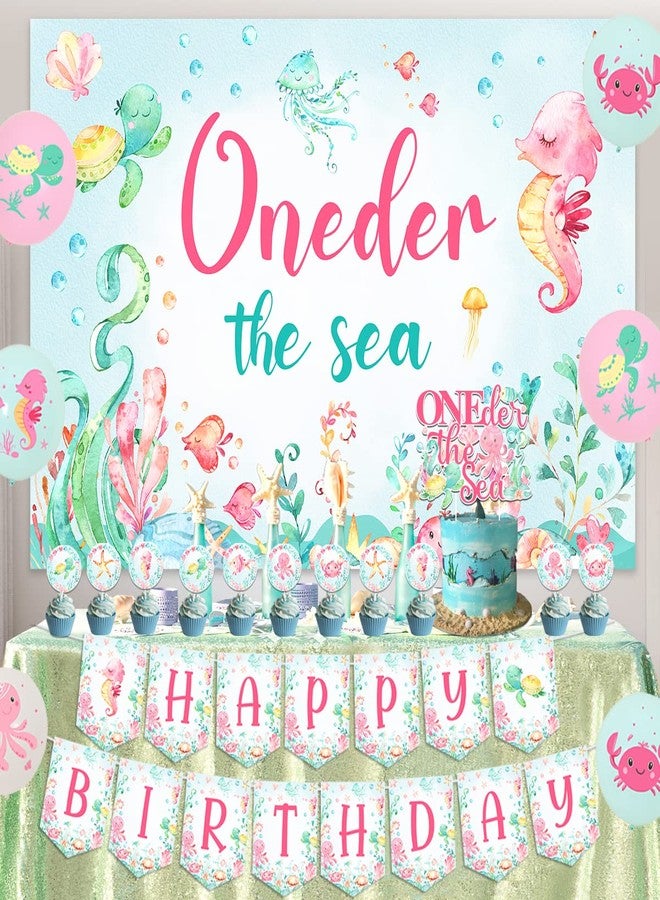 Funmemoir زينة عيد ميلاد الفتاة الأولى من Oneder the Sea، لافتة خلفية لعيد ميلاد سعيد على شكل حيوان المحيط تحت البحر، لافتة كرسي مرتفع، غطاء كعكة كب كيك، بالونات مطبوعة لحفلة فتاة تبلغ من العمر عامًا واحدًا - Image 2
