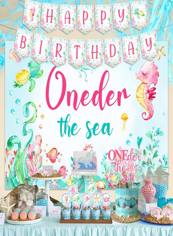 Funmemoir زينة عيد ميلاد الفتاة الأولى من Oneder the Sea، لافتة خلفية لعيد ميلاد سعيد على شكل حيوان المحيط تحت البحر، لافتة كرسي مرتفع، غطاء كعكة كب كيك، بالونات مطبوعة لحفلة فتاة تبلغ من العمر عامًا واحدًا - Image 3