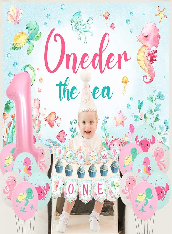 Funmemoir زينة عيد ميلاد الفتاة الأولى من Oneder the Sea، لافتة خلفية لعيد ميلاد سعيد على شكل حيوان المحيط تحت البحر، لافتة كرسي مرتفع، غطاء كعكة كب كيك، بالونات مطبوعة لحفلة فتاة تبلغ من العمر عامًا واحدًا - Image 4