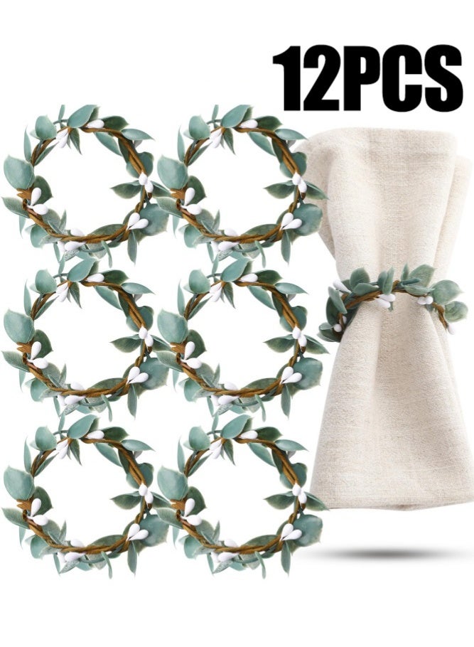 ميدي مجموعة حلقات مناديل (12 قطعة) حلقات مناديل بأوراق الأوكالبتوس على الطراز الريفي الريفي الأخضر الربيعي الزهري حلقات مناديل على شكل إكليل من الزهور مناسبة لحفلات الزفاف وديكورات طاولات العائلة (مصنوعة يدويًا) - Image 1
