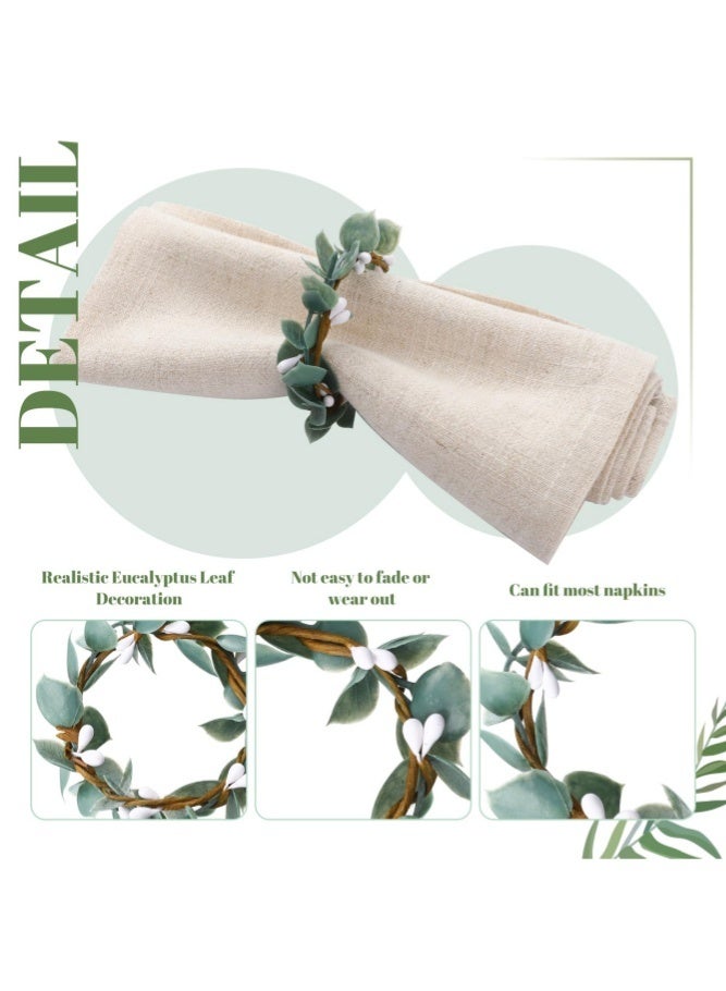 ميدي مجموعة حلقات مناديل (12 قطعة) حلقات مناديل بأوراق الأوكالبتوس على الطراز الريفي الريفي الأخضر الربيعي الزهري حلقات مناديل على شكل إكليل من الزهور مناسبة لحفلات الزفاف وديكورات طاولات العائلة (مصنوعة يدويًا) - Image 2